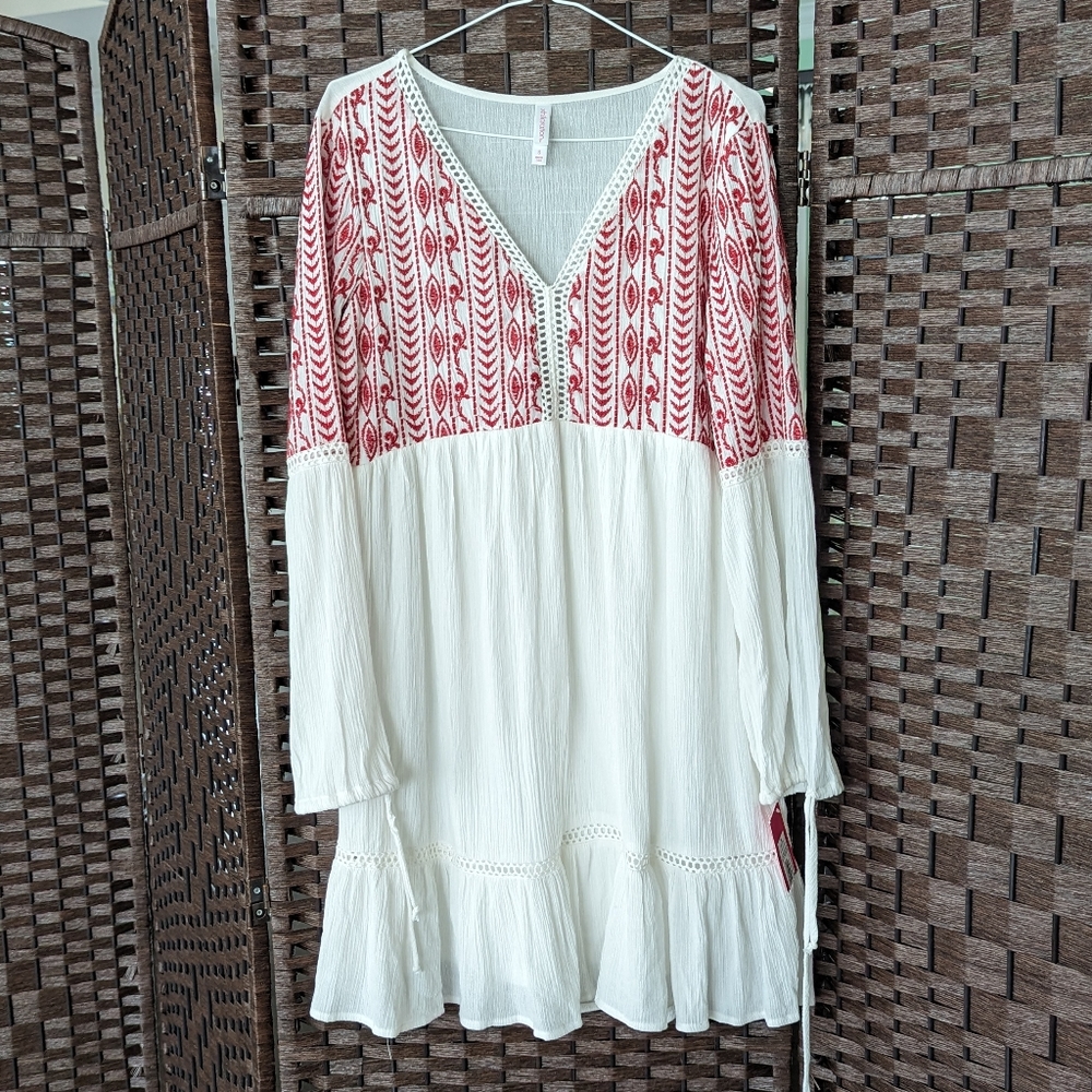 NWT: Gauzy White Long-sleeved Dress with Red Embroidery by Xhilaration